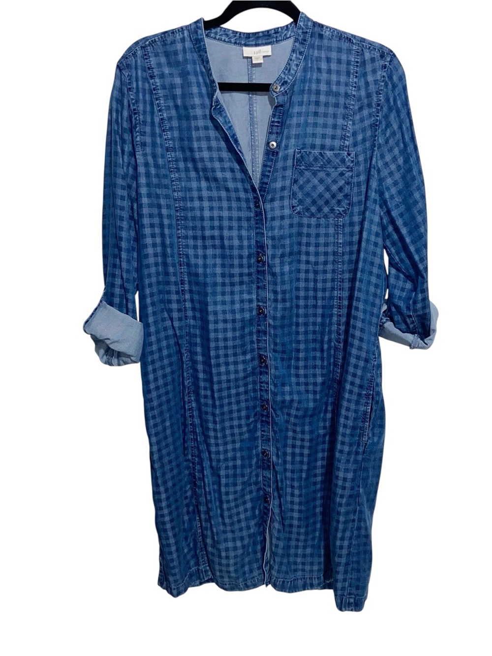 J Jill Denim Dress Womens Large Chambray Checkered Roll Tab Sleeves Button Front